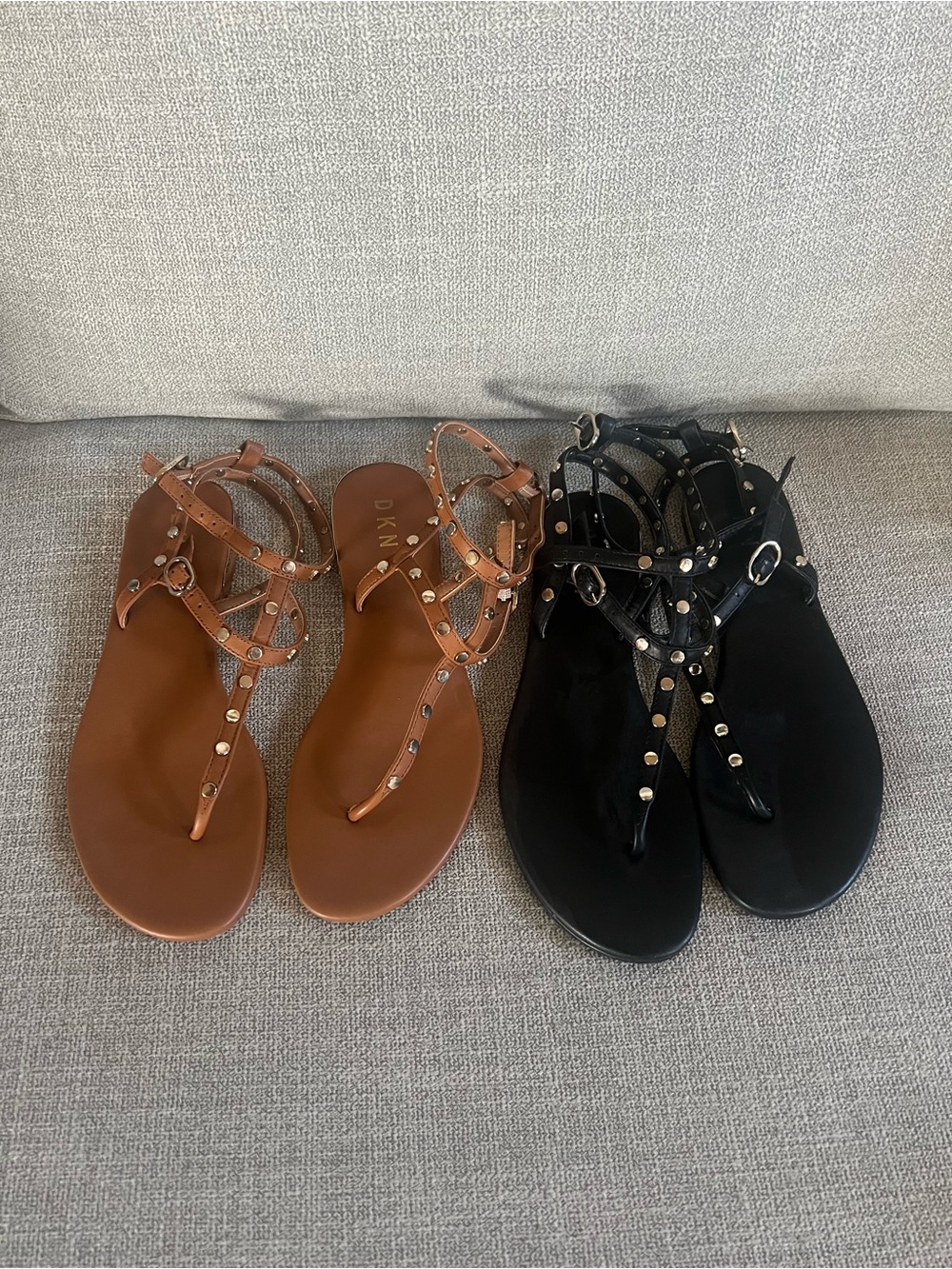 DKNY T-strap Studded Sandal Pair in Black and Brown